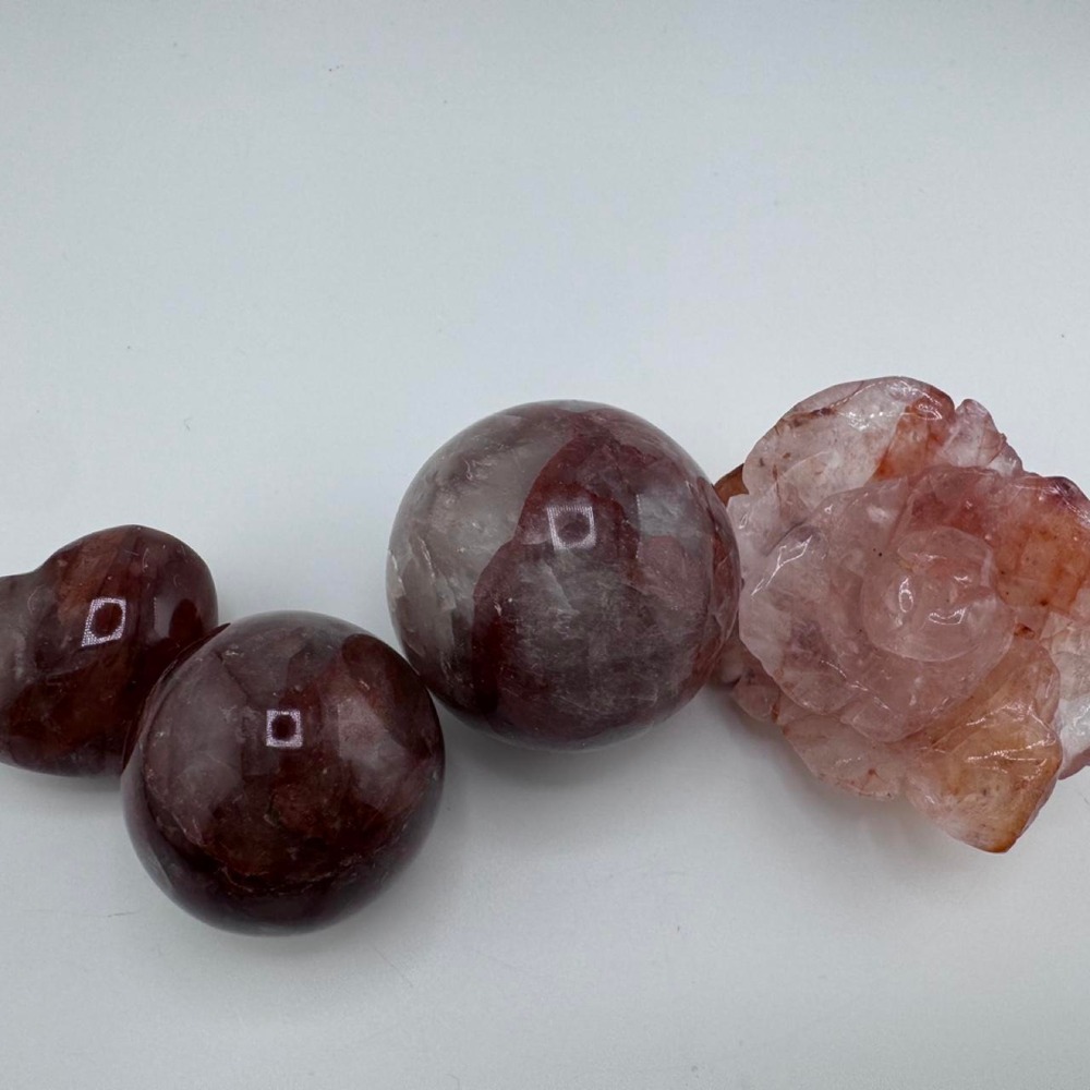 Fire Quartz Bundle 2 spheres, Rose carving, and a small heart stone